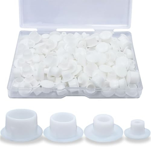 Athyior 130pcs Hole Plugs Plastic Inserts 4 Sizes Screw Covers 5/6/8/10mm | White, Locking Insert End Cap, Round, Flush Type Fix Plug Snap in Drill Holes Cover for Furniture, Cabinet, Cupboard Shelves