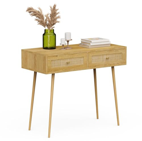 VonHaus Dressing Table with 2 Natural Rattan Drawers