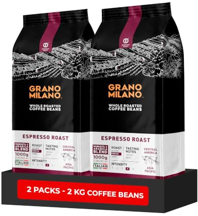 Grano Milano Espresso Roast Coffee Beans 2kg, Medium Roast | Intensity 4/5, Full-Bodied, 80% Robusta, 2 x 1kg Bags, Made in Italy, Packaging May Vary