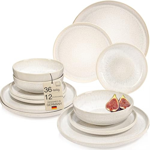 SÄNGER Korfu Geschirrset 12 Personen, Teller Set 36-tlg, Creme, Beige | Handmade steingut geschirr set, Ess-, Dessert- & tiefe Teller, spülmaschinengeeignet, mikrowellenfest, service & geschirrset