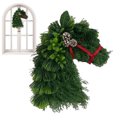 Ancsttu Pferdekopf-Weihnachtskranz, Pferdekopf- - Realistischer grüner Tannennadelkranz | Saisonale Dekoration, Tannenzweige, Weihnachtskranz für den Außenbereich, Türkränze für das Bauernhaus