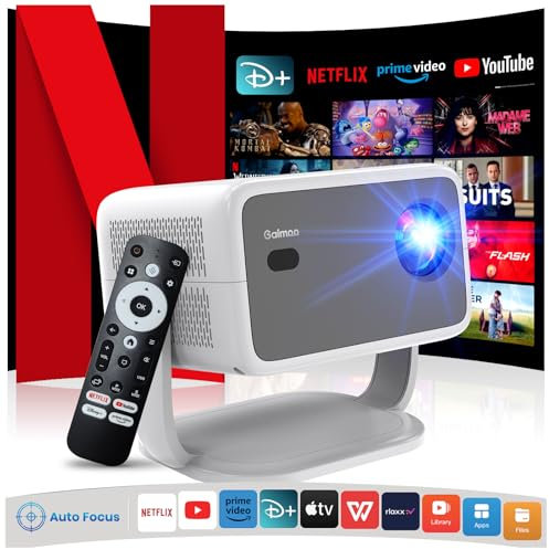 4K Proiettore [Netflix Ufficiale/Auto Focus/Base Girevole a 360°] Proiettore con Wifi e Bluetooth 1080P Nativo Proiettore One-Click Use Netflix/YouTube/PrimeVideo/D+, Smart Home Outdoor Proiettore