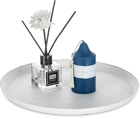 Sziqiqi Vassoio Decorativo Rotondo in Metallo: Piatto per Candele Bianco per Centrotavola - Moderno Portacandele a Colonna Vassoio per Soggiorno Sala da Pranzo Cucina Bancone Bagno