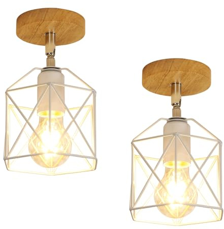 Toolight 2 Piezas Lámparas de Techo Vintage, Industrial LámparaTecho Colgante Salon de Madera E27 Luz Iluminación de Techo Metal Diseño de Jaula para Pasillo Dormitorio Cocina, Blanco, 14CM