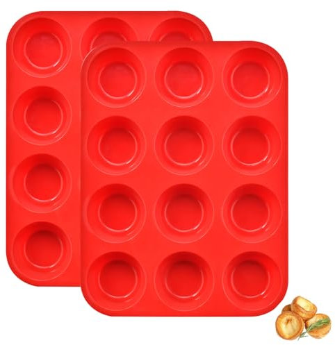 Luoqun88 Large Muffin Tray 12 Cup, Silicone Muffin Pan, 2pcs Non-Stick Muffin Cupcake Tin, Baking Mould for Muffins or Cupcakes, Dishwasher Safe, Reusable Baking Moulds Tins-30 x 22 x 3cm (Red)