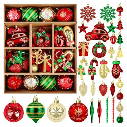 EverMerry 82PCS Christmas Balls Ornaments, Ornaments with Hanging Strings for Christmas Tree Decorations, Delightful Xmas Decorations for Holiday, Party, Shatterproof Plastic Decor(Green, Red & Gold)