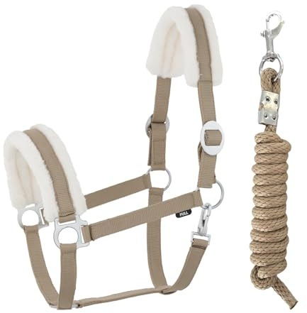 JA Horse JA4003 Comfort Halfter Set Karabinerhaken, Khaki, Full | Comfort Pferdehalfter mit Kunstfell Führstrick Set, verstellbar mit Karabinerhaken für Pferd Holzpferd