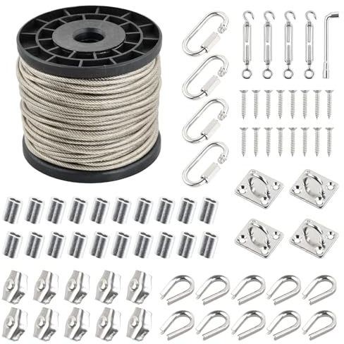 70 Pcs Kit 30m Cable Acero Plastificado 3mm 7x7 con 4 Tensores de Alambre, 20 Presillas, 10 Abrazaderas, 10 Guardacabos, 4 Ganchos y 4 Mosquetones, Cuerda para Tender Ropa Exterior Jardín (3mm)