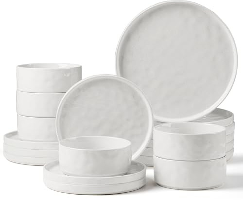 Herogo 18 Pcs Stoneware Dinnerware Dinner Set for 6 People, Speckled White | Reactive Glaze Plates and Bowls for Home Dining, Microwave and Dishwasher Safe, Chip and Scratch Resistant, Ripple Surface