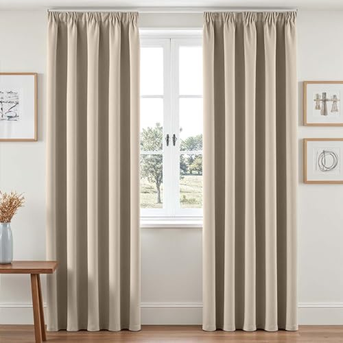 Vangao Gardinen mit Kräuselband Wohnzimmer Boho H220 x B140cm 2er Set Beige | Vorhänge Blickdicht für Schienensystem, Schlafzimmer Kinderzimmer Fenster, Thermo Vorhang Verdunkelnd Modern 220 cm lang