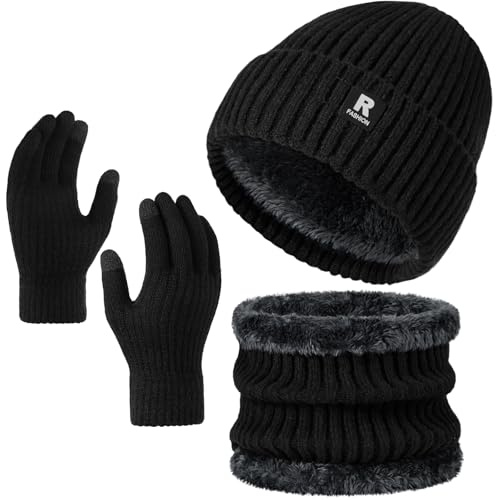 Trifabricy Warm Knit Hat Scarf Gloves Set with Fleece Lining for Men Women | Slouchy Fleece Lined Mens Hats Skull Cap, Knit Scarf Neck Warmer Touchscreen Gloves for Men Women, Running, Dog Walking, Gift