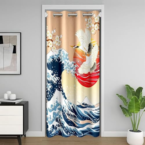 Homemissing Japanese Wave Türvorhang, 106 x 203 cm, Wohnzimmer, Schlafzimmer, Privatsphäre, 1 Panel, Kirschblüten, Blackout, Sonnenschutz, rot, Hokusai, Motiv, Dekoration, Vorhänge für den