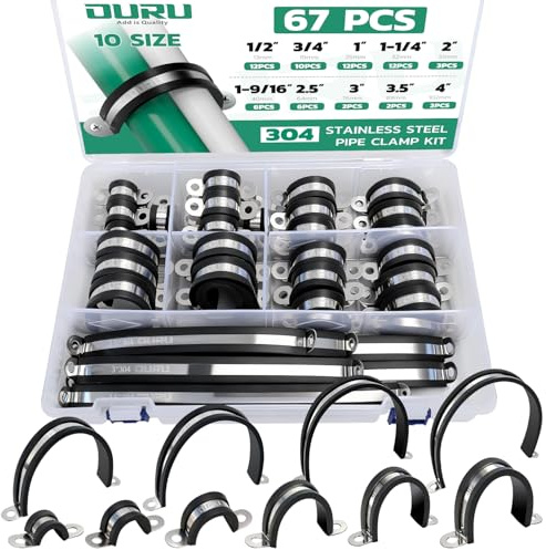 OURU 67pcs Pipe Clamp Assortment Kit 304 Stainless Steel, 10 Sizes (1/2-4) Heavy Duty Rubber Cushioned Insulated Pipe Strap, U Bracket Clamp Conduit Clamp for Automotive, Wire & Tube