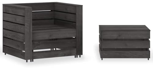 HaoChrymec 2-TLG. Garten-Paletten-Lounge-Set mit Imprägniertem Kiefernholz, Modularer Aufbau, Gartensofa, Balkonmöbel Set, Outdoor Möbel, Grau, 1 Sessel + 1 Tisch