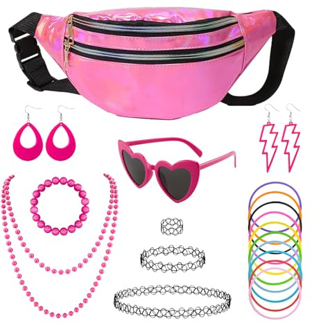 Xerteam 21 Pcs 90er Jahre Outfit Damen, 90er Jahre Accessoires 90er Retro Outfit mit Bauchtasche Damen Herzbrille Tattoo Kette Armband 80s 90s Ohrringe für Malle Accessoires Festival Party Outfit