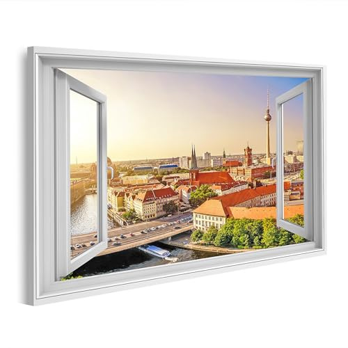 islandburner Bild auf Leinwand Berliner Skyline bei Sonnenuntergang aus offenem Fenster betrachtet Bilder Wandbilder 80x40cm