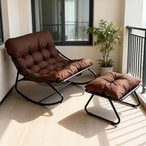 Schaukelstuhl Ergonomisch mit Fußstütze, XXL Schwingsessel mit Kissen, Schaukelstuhl Garten Schaukelsessel Wohnzimmer Relaxstuhl, Weich, bis 150 kg, Schaukelliege für Schlafzimmer Balkon (Braun)
