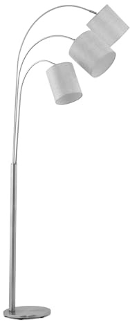 Modern 3-Head Adjustable Arc Floor Lamp with Grey Linen Shades – Satin Silver Finish, E27 SES Bulbs, 178cm Tall LED Reading Light for Living Room & Corner Lighting