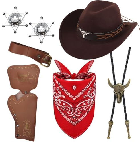 Cowboy Kostüm Zubehör Set, 7PCS Cowboy Hut Cowboys Fancy Dress Zubehör Set mit Cowboyhüte Bandana Brillen Western Cowboys Outfits Accessoires Karneval Kostüms Kit für Maskeraden Cosplay (Braun)