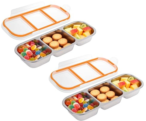 2 Pezzi Ciotola Per Snack Con Coperchio, 600 Ml, Contenitore Per Snack in Acciaio Inox, Contenitore Per Snack Diviso, Scatola Porta Snack Con Scomparti, Adatto Per La Scuola, Il Lavoro (3 Scomparti)