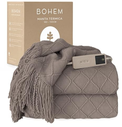BOHEM elektrisk värmefilt 180 x 130 cm - 9 värmenivåer, 1–9 timmars timer, automatisk avstängning - stor beige uppvärmd filt, maskintvättbar för soffa och säng