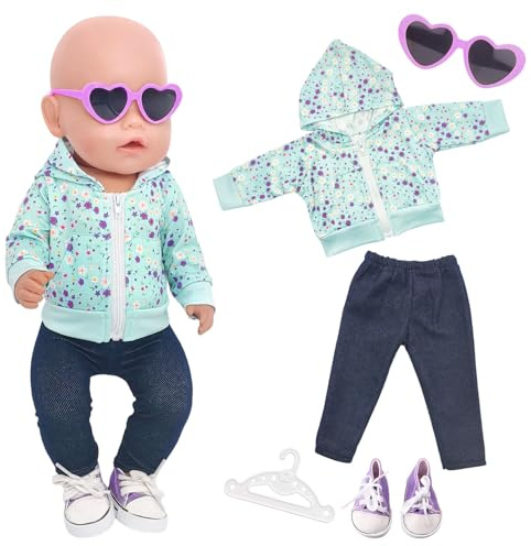 Puppenkleidung 35–43 cm, 5-teiliges Puppen Outfit mit Blauer Gänseblümchen Jacke, Hose, Schuhe, Herz-Sonnenbrille & Kleiderbügel, Kleidung Zubehör Set für Babypuppen Jungen Mädchen