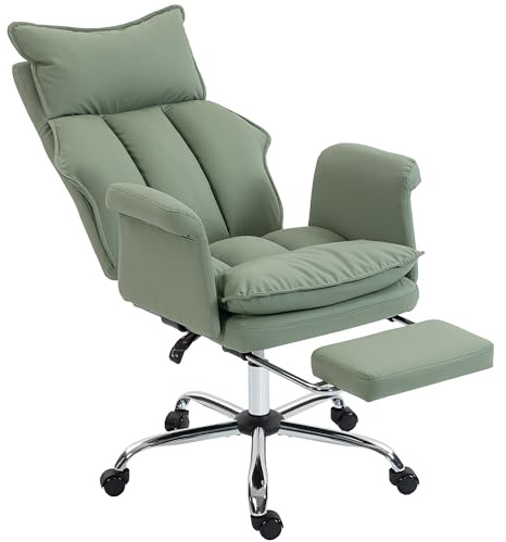 HOMCOM Silla de Escritorio con Reposapiés, Silla de Oficina Giratoria, con Respaldo Reclinable y Alto, Acolchado Grueso, Tapizada en Cuero Sintético, Soporte Lumbar, Altura Ajustable, Ruedas, Verde