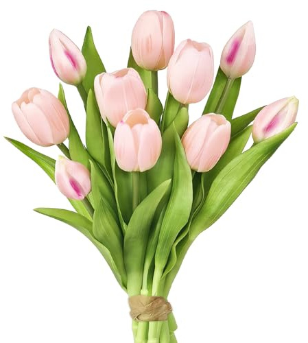 TINA Tulpen Künstlich wie echt, Tulpenstrauß mit 6 Tulpen und 4 Tulpenknospen, Künstliche Blumen‌ Tulpenbündel Silikon, Fake Tulpen Kunstblumen, Deko Frühling Blumenstrauß Osterdeko Frühlingsdeko