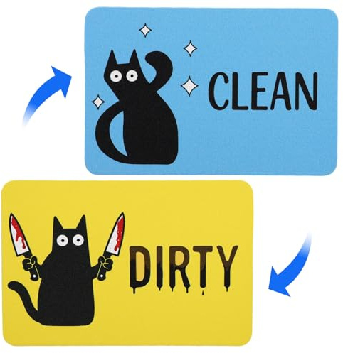 2stk Schwarze Katze Sauber Schmutzig Spülmaschinen Magnet, Doppelseitiges Quadratisches Magnetisches Sauber Schmutzig Schild Lustiges Küchenzubehör für Spülmaschine Kühlschrank Waschküche