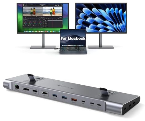 TobenONE 16-in-2 MacBook Docking Station for M1-M5 Pro/Max, Plug and Play | Aluminum Stand, Dual 4K HDMI, DP, 2.5G Ethernet, 100W PD, Fast Network Transfer, Tidy Desk for Design/Edit, No Power Adapter
