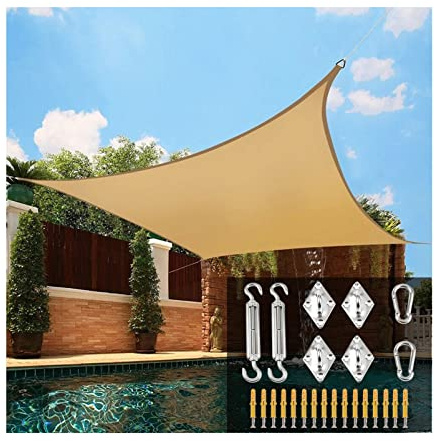 Shade Sail with Hardware Kit 7'X10' 13'X16' Sand Sun Shade Sail Rectangle Canopy UV Block Sunscreen Awning Waterproof for Yard Patio Garden Outdoor Carport