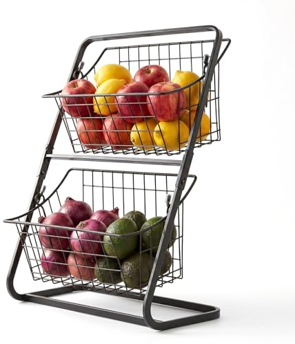 GREENSAPPIRE 2 Tier Metal Fruit Basket for Kitchen Countertop – Fruit & Vegetable Storage Rack, Space Saving Organizer for Bread, Snacks & Produce, 37 × 28 × 15 cm (Black)