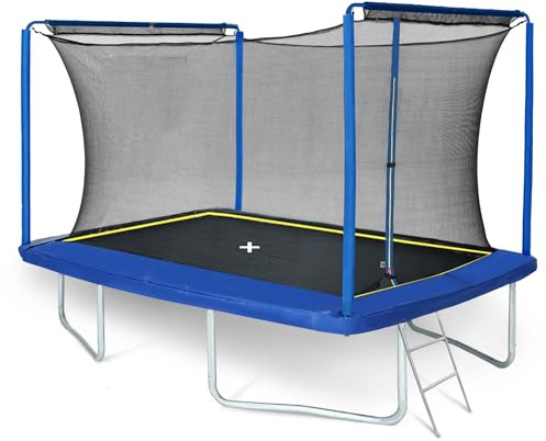 Trampolín de jardín rectangular de 244 x 366 cm, color azul, con red de seguridad, acolchado resistente a los rayos UV, gran área de salto resistente, para jardín familiar