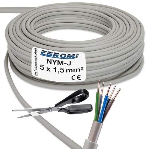 EBROM NYM-J 5x1,5 mm² Mantelleitung Installationskabel grau - Länge: 25 m | 5 bis 180 m, Installationsleitung Feuchtraumkabel, für die feste Verlegung in trockenen + feuchten Räumen 5x1,5 mm2 300V/500V