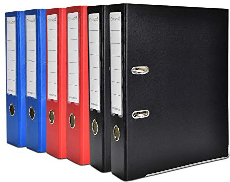 Clarisworld Lever Arch Files A4 Size 2 Ring Sheets Holder, Folders Stationery Document Storage, Black, Red, Blue. Pack of 6