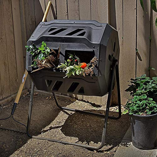 FMXYMC Compost Tumbler Bin, 43 Gallon, Black, Polypropylene & Steel, Rotating Outdoor Composter, Dual Chamber, Speedy Process