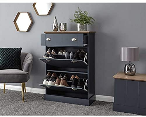 GFW Kendal Deluxe Shoe Cabinet, Slate Blue and Oak Effect Storage Cabinet with 2 Flip Doors and Drawer, Hallway Shoe Storage for up to 12 Pairs