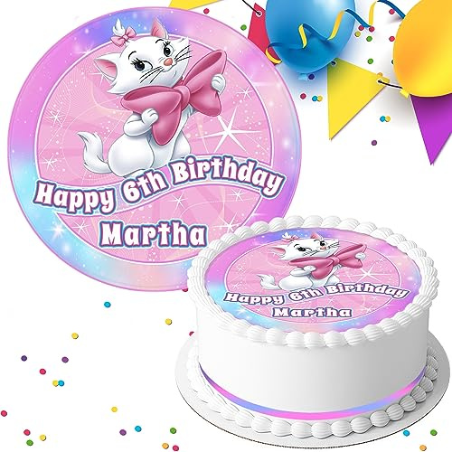 MARIE CAT BIRTHDAY PERSONALISED PRE-CUT 7.5 INCH EDIBLE ICING CAKE TOPPER DECORATION D-797