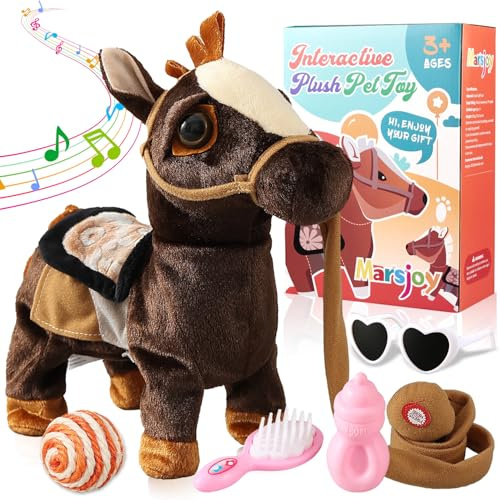 Marsjoy Schwarz Plüschtier Interaktives Spielzeug Pony der Läuft und Bellt, Kinder Mädchen Spielzeug Haustier Plüschtier mit Gehen, Bellen, Schwanzwedeln, Singen Funktion Lauf- und Soundfunktion