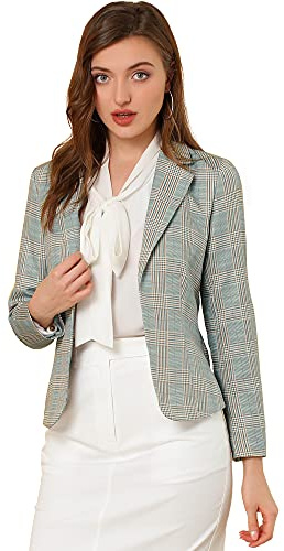 Allegra K Women's Work Casual Fitted Blazer Notch Lapel Printed Open Front Suit Jacket Small Gray-Plaid