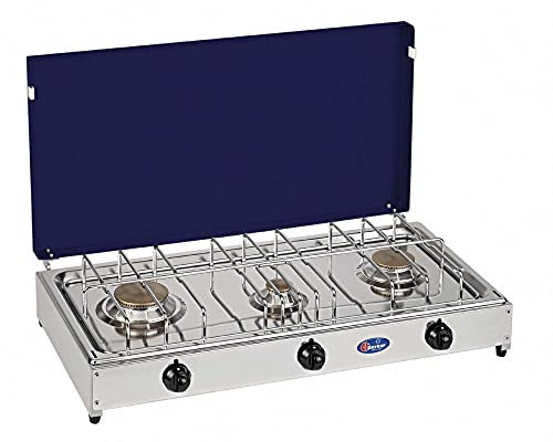 Hornillo de mesa Parker Gas GLP 3 fuegos con válvula de seguridad con plataforma de acero inoxidable tapa azul marco gris 5523RSGB