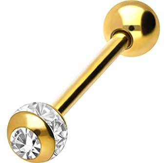 PIERCINGLINE Chirurgenstahl Barbell EPOXYRING KUGEL + KRISTALL Piercing Stab Brust Zunge Goldfarben Kristallklar 14 mm