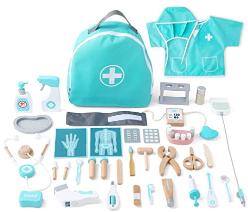 umu® Set da gioco deluxe in legno per bambini, con stetoscopio, misuratore della pressione sanguigna, dentista, toelettatore, tooler, gioco di ruolo, set da 36 pezzi, 4, 5 anni