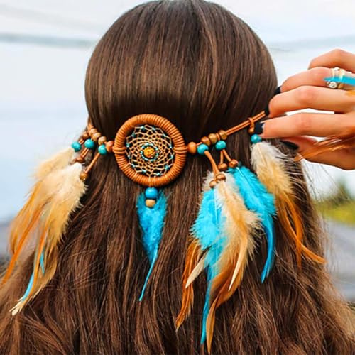 Zoestar Boho fjäderpannband indisk fläta drömfångare huvudbonad hippie vintage huvudkedja smycken fester kostym hårtillbehör för kvinnor och flickor