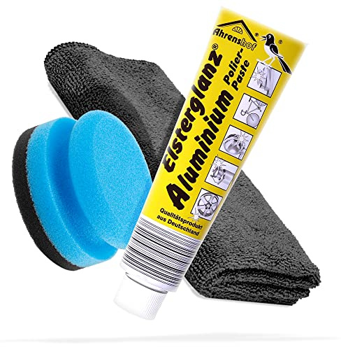 detailmate Pasta de pulido de aluminio de brillo de 150 ml en tubo XXL + paño de microfibra premium + esponja | limpia, pule y conserva superficies de aluminio