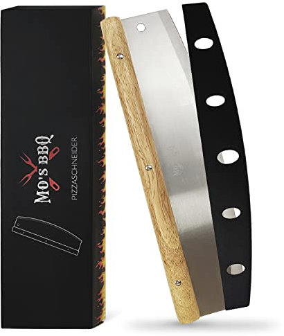 MO’S BBQ Pizzaschneider groß (35 cm) Pizzamesser aus Edelstahl - Pizza Schneider Wiegemesser mit edlem Holzgriff - Pizza Cutter inkl. Klingenschutz