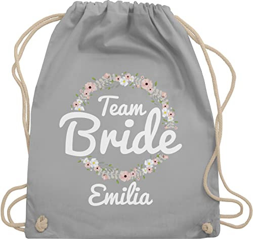 Turnbeutel Rucksack personalisiert - JGA Junggesellenabschied - Team Bride mit Blumenkranz weiss - Unisize - Hellgrau - namen junggesellinnenabschied beutel jungesellenabschied braut tasche