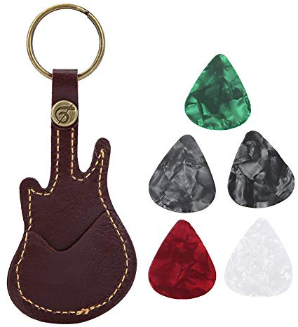 Joyzan Púas de Celuloide, Portátil Llavero Funda Cuero PU Plectro Porta Puas Guitarra Selección Celuloide Colorido Accesorios para Eléctrica Eléctricas Clásica Acústicas Bajo Ukelele 5 Piezas