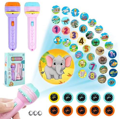 2 PCS Taschenlampe Projektor für Kinder,Diaprojektor Taschenlampen mit 80 Tiermustern,Kinder Projektor,Kleine Diashow Pädagogisches Spielzeug,Dinosaurier,Meerestiere,Transportwerkzeugen,Ziffern