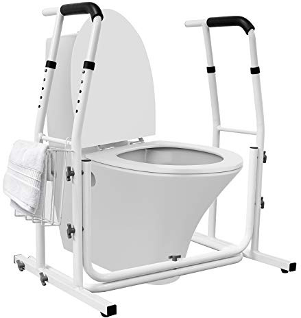 TRMLBE Aufstehhilfe Toiletten Toilettengestell WC Höhenverstellbar Toilettenstützgestell mit Ablagekorb Haltegriff für Bad Sicherheitsgestelle für Senioren Behinderten, Bis 200kg